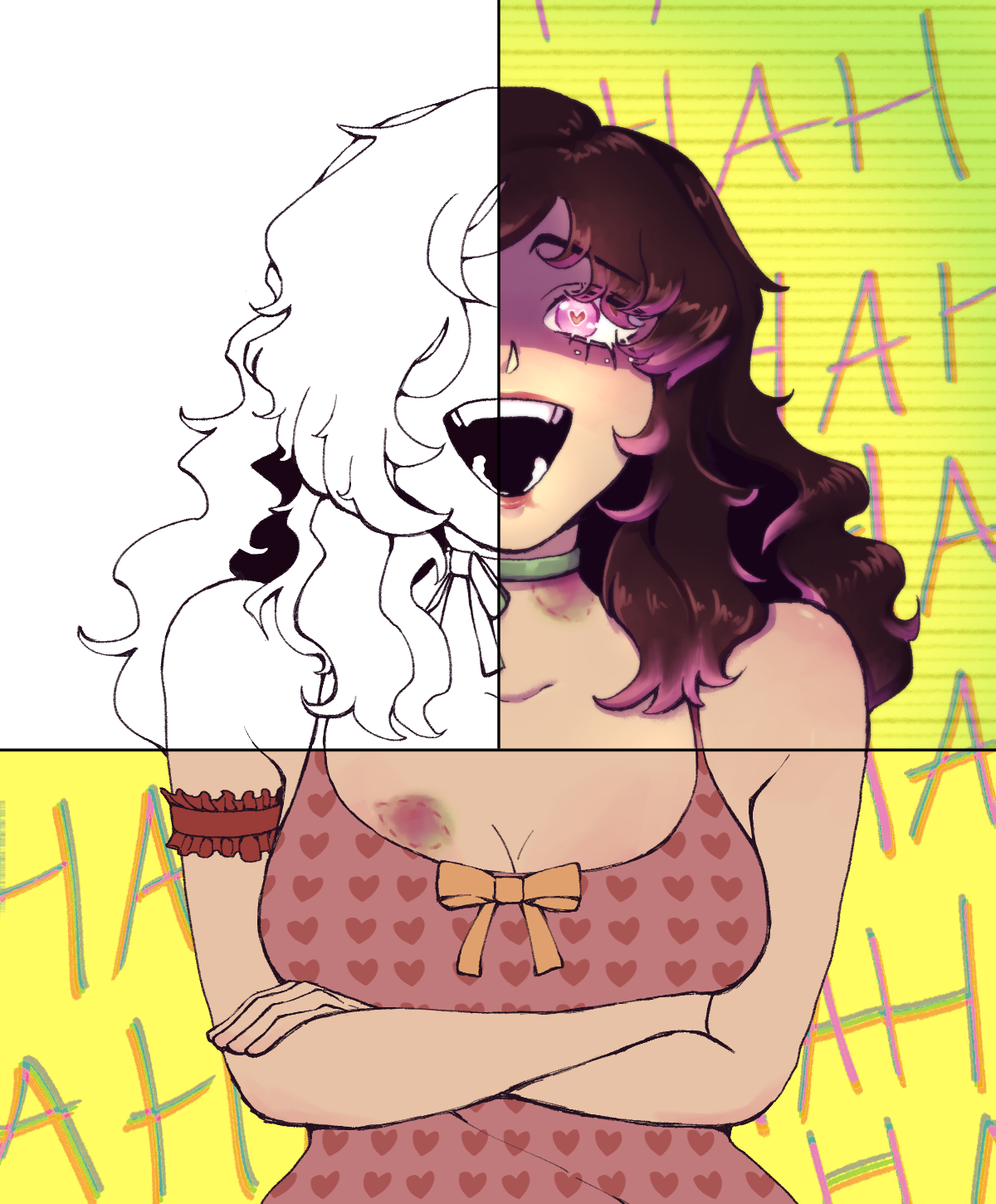 A drawing of a crazed woman covered in bruises laughing. The image is split into three parts: one black and white line art, one with flat colors and no shadows, and one full of shadows and highlights.